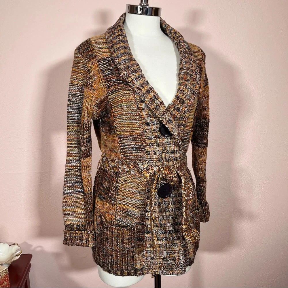 Vintage 60 70 Mod Patchwork Plaid Brown Burnt Orange Tie waist Cardigan Sweater - Picture 6 of 16